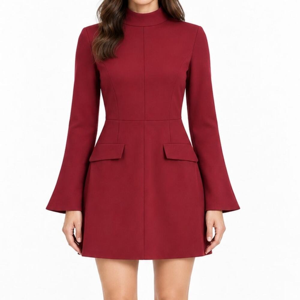 Commense Burgundy Mock Neck Bell Sleeve Mini Dress S